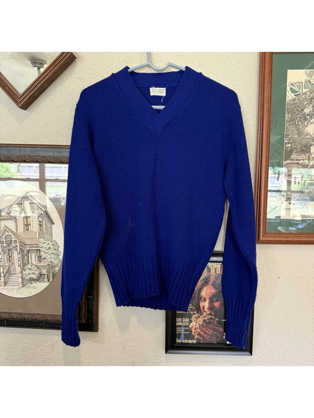 Vintage 50s/60s RARE Keller Sports OKC Blue Wool Cheer Knit Sweater Size Medium